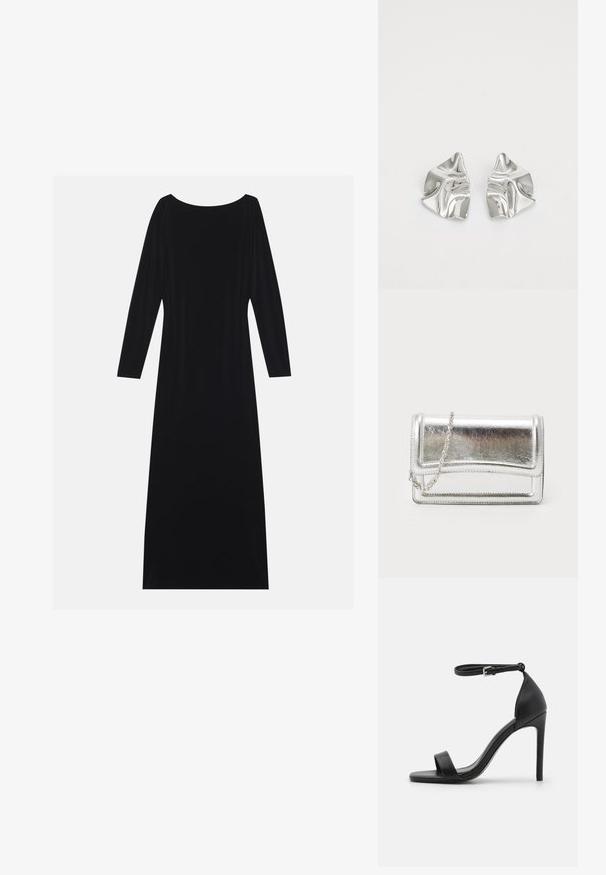 Robe noire à manches longues avec un décolleté rond, réalisée en tissu doux. Elle présente une silhouette fluide et un design minimaliste sans motifs.; Sandale noire à talons hauts au design épuré, avec une bride au niveau de la cheville, un bout ouvert et une texture en cuir lisse.; Pochette métallique argentée avec une texture lisse, fermeture rabat et une bandoulière en chaîne. Présente un design rectangulaire structuré et des accents cousus.; Boucles d'oreilles en métal argenté avec un design ondulé et sculptural, présentant une finition polie et des formes irrégulières, mettant en valeur une esthétique contemporaine.