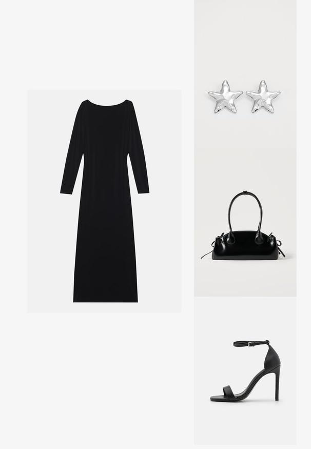 Vestido negro de manga larga con escote redondo, hecho de una tela suave. Presenta una silueta fluida y un diseño minimalista sin patrones.; Sandalia de tacón alto negra con un diseño elegante, que cuenta con una correa en el tobillo, punta abierta y una textura de cuero suave.; Pequeño bolso negro brillante con dos asas largas y detalles de cordón lateral sobre un fondo claro liso.; Pendientes en forma de estrella plateada con una superficie pulida y brillante. Cada pendiente presenta cinco puntas y sutiles detalles de textura en la superficie.