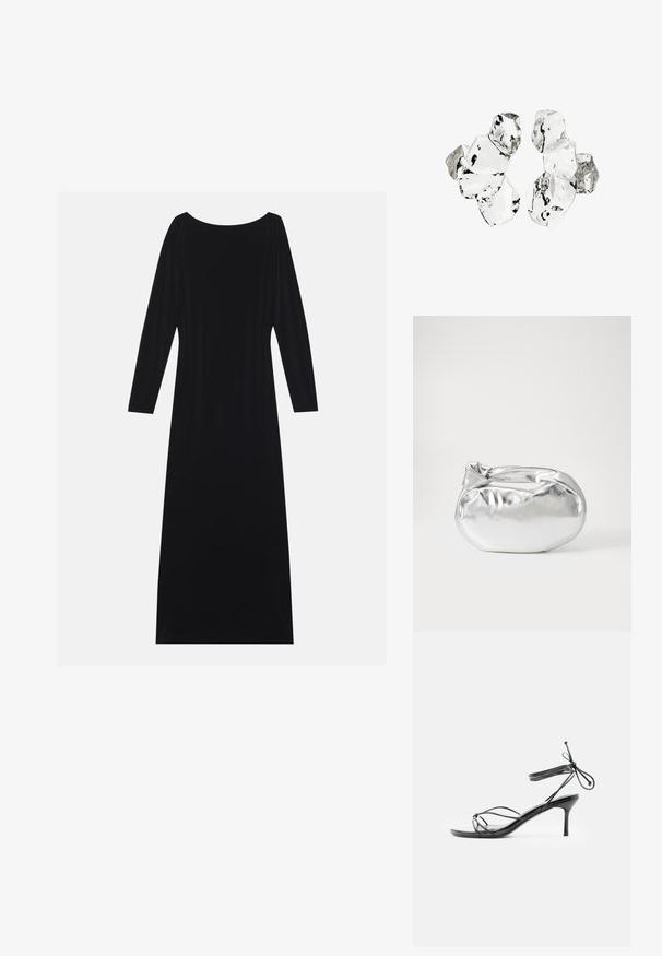 Vestido negro de manga larga con escote redondo, hecho de una tela suave. Presenta una silueta fluida y un diseño minimalista sin patrones.; Sandalia negra de tacón alto con tiras y lazos delgados en el tobillo, con tacón stiletto de altura media sobre un fondo blanco.; Bolsa de pouch metálica plateada con una forma suave y redondeada y un cierre en la parte superior con un nudo. Hecha de un material de imitación de cuero suave.; Conjunto de seis piezas de forma irregular, translúcidas y reflectantes, similares al vidrio, dispuestas sobre un fondo blanco.