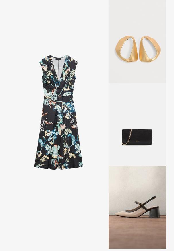 Sort blomsterkjole med korte ærmer, v-hals og en tætsiddende talje. Har et levende blomstermønster i teal, pink og hvid på et mat stof.; Beige høje hæle slingback-sko med spids tå, sort kant og spænde detalje. Glat materiale med mat finish, mellemstor blokhæl.; Sort clutch taske lavet af ruskind med en struktureret overflade, udstyret med en guld kædestrop og et elegant, kantet design.; Par af uregelmæssige, asymmetriske gyldne hoop-øreringe med en glat, mat finish på en neutral baggrund.