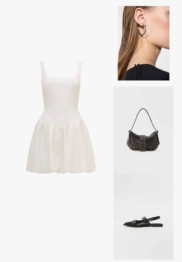 Robe blanche sans manches en tissu léger, présentant un corsage cintré et une jupe évasée plissée avec une texture lisse.; Even&Odd by Zalando Ballerines à brides arrière - black; Sac à épaule en cuir noir avec une sangle à boucle, des bords arrondis et des coutures blanches contrastées sur un fond uni.; Boucle d'oreille en argent avec une finition polie, présentant de petits détails en or et de forme ronde, portée sur le lobe.