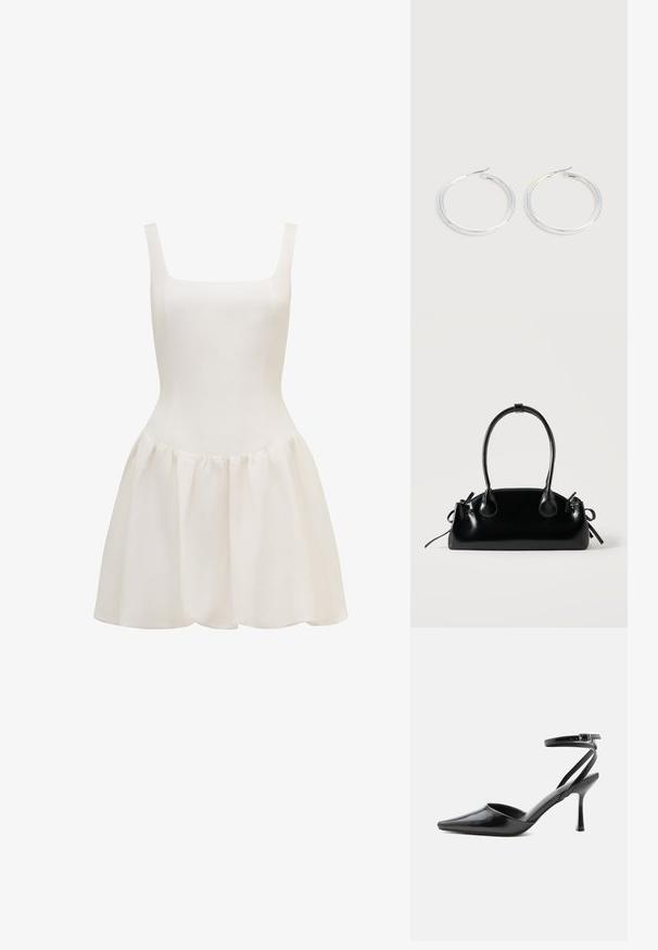 Robe blanche sans manches en tissu léger, présentant un corsage cintré et une jupe évasée plissée avec une texture lisse.; Escarpin noir à bout pointu avec fines brides de cheville et fermeture à boucle argentée sur fond clair uni.; Petit sac à main noir brillant avec deux longues anses et des détails à cordon sur les côtés sur un fond clair uni.; Paire de boucles d'oreilles créoles argentées brillantes avec fermoirs en fil fin, présentée sur un fond gris clair.