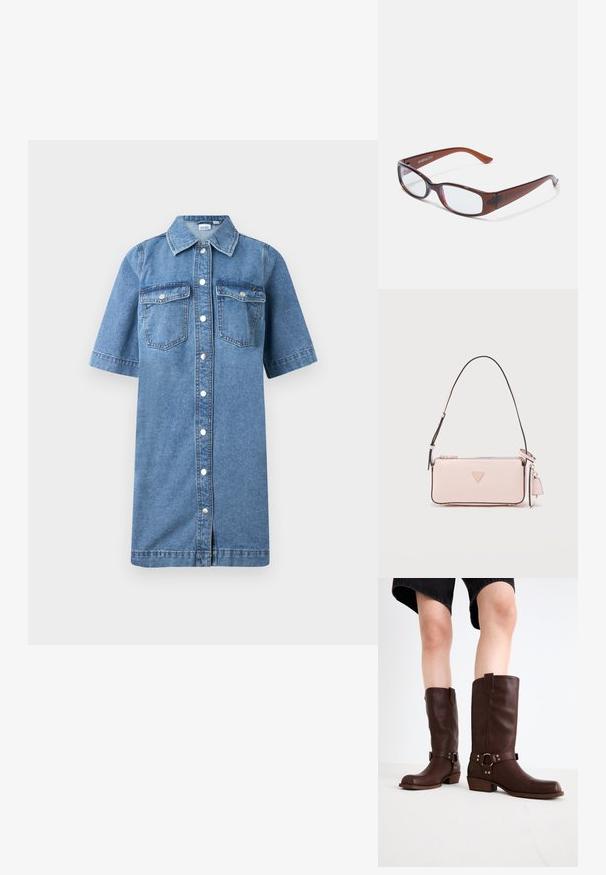 Denimmaatushki, vaaleansininen, lyhyet hihat, napitettava etuosa, kaksi rintataskua, suora leikkaus ja hieman levenevä helma.; Marron nahka polven ylle ulottuvat saappaat, joissa on pyöreä kärki, teksturoitu pinta, nilkkahihna ja hopeiset yksityiskohdat; kasattu korko.; Bulan tints kejam berbentuk segi empat dengan permukaan mengkilap, menampilkan lengan ramping dan lensa telus. Logo terlihat di pelipis kiri.; Vaaleanpunainen suorakaiteenmuotoinen olkalaukku, jossa säädettävä hihna, vetoketjusulku ja pieni roikkuva lappu, yksinkertaisella valkoisella taustalla.