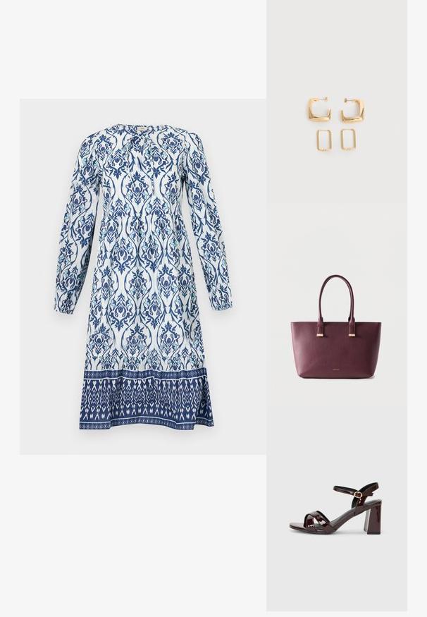 Langärmliges Kleid mit einem weißen Grundstoff und blauen sowie türkisfarbenen Blumenmustern. Geraffter Oberteil und ein kontrastierender gemusterter Saum.; Patentrot hohe Sandale mit offenem Zehenbereich, ausgestattet mit Kreuzriemen und einem Knöchelriemen mit einer runden goldenen Schnalle. Blockabsatz-Design.; Dunkellila Leder-Shopper mit zwei Griffen und kleinem goldfarbenem Markenlogo auf der Vorderseite, vor einfarbig hellem Hintergrund.; Zwei Paare goldfarbener geometrischer Creolen auf einer schlichten weißen Oberfläche, ein Paar quadratisch und massiv, ein Paar rechteckig und hohl.