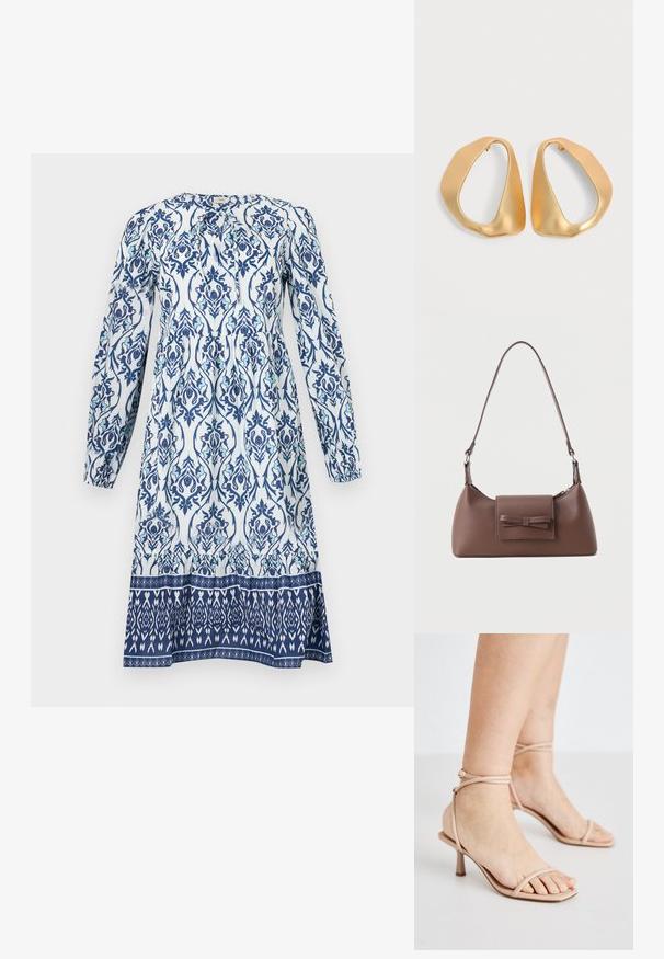 Langärmliges Kleid mit einem weißen Grundstoff und blauen sowie türkisfarbenen Blumenmustern. Geraffter Oberteil und ein kontrastierender gemusterter Saum.; Nackte Riemchensandalen mit einem dünnen Knöchelriemen, einem quadratischen Zehendesign und einem kleinen Blockabsatz. Glatte Textur mit minimaler Detailgestaltung.; Braune Leder-Umhängetasche mit einer vorderen Klappentasche, die ein gestepptes Schleifendetail und einen verstellbaren Riemen aufweist.; Paar unregelmäßiger, asymmetrischer goldener Creolen mit glatter, matter Oberfläche vor neutralem Hintergrund.