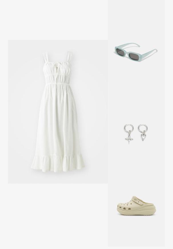 Robe en lin blanc avec un corsage froncé, des bretelles ajustables et un ourlet à volants. Elle présente un détail en trou de serrure à l'avant.; Sabot beige à enfiler avec dessus perforé, bride réglable et semelle épaisse et coussinée, conçu pour un confort décontracté.; Une paire de lunettes de soleil rectangulaires avec des montures translucides bleu clair et des verres gris foncé, présentant des branches droites et des détails matériels minimaux.; Boucles d'oreilles en argent en forme de cerceau avec un charme croix et cœur. Texture lisse et brillante avec une finition polie. Chaque charmepend d'une boucle sécurisée.