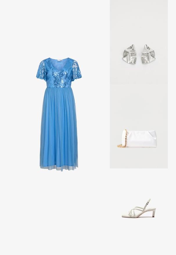 Hele sinine kleit, millel on sädelev ülaosa ja läbipaistvad lendavad varrukad, koos voolava kihilise seeliku ja pehme kangaga.; Zign by Zalando Klassikalised kontsakingad - off white; Valge pehme käekott kuldse kettiga, kaunistatud läbipaistvate vääriskividega, mille taustaks on helehall ühtlane pind.; Hõbedased metallkõrvarõngad lainelise, skulpturaalse disainiga, millel on poleeritud viimistlus ja ebaregulaarsed kujundid, rõhutades kaasaegset esteetikat.