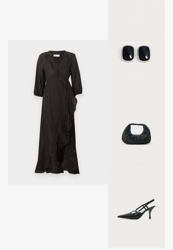 Robe midi noire style cache-cœur avec manches ballon 3/4 et volant le long du devant et de l'ourlet.; Escarpin slingback en cuir noir à bout pointu avec fines brides et une petite boucle décorative argentée sur le côté.; Sac hobo tissé noir avec une structure souple et une poignée intégrée, présenté sur un fond clair uni.; Paire de boucles d’oreilles rectangulaires en argent avec des pierres centrales noires lisses sur un fond clair uni.