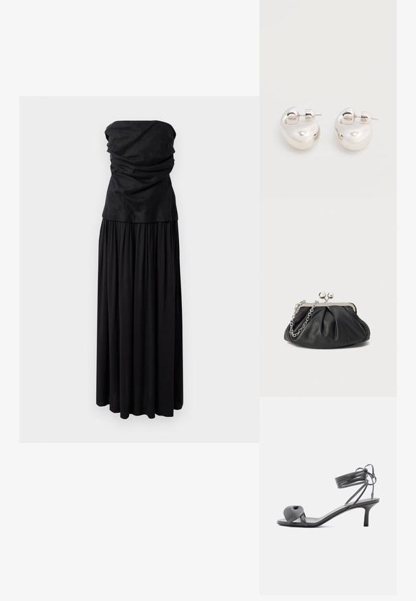Must muströövideta must maxi kleit, millel on kokku volditud ülakeha ja voolav seelikuosa, valmistatud pehmest materjalist, millel on sile tekstuur ja lihtne disain.; Hallid nahast kontsakingaga sandaalid, mille varvaste kohal on sõlmitud rihm ja õhuke pahkluu ümber mähitud paelad, keskmise kõrgusega kitsal kontsal, valgel taustal.; Musthave musta nahast käekott, millel on volditud tekstuur, hõbedane metallraam, lukustatud sulgemismehhanism ja kett. Sile ja pehme pind.; Paistvate hõbedaste paksude rõngakujuliste kõrvarõngaste paar postitüüpi kinnitustega ühel valgel taustal.