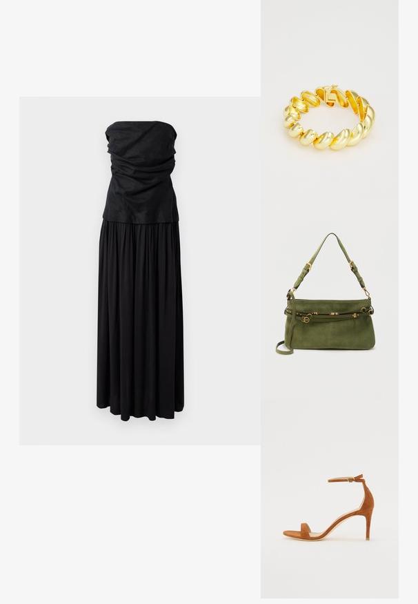 Robe maxi noire sans manches avec un buste froncé et une jupe fluide, fabriquée à partir d'un matériau doux, présentant une texture lisse et un design simple.; Sandale à talons hauts en daim marron avec une fine bride de cheville et une boucle dorée, bout ouvert et un design épuré et minimaliste.; Sac à épaule en daim vert avec bretelles ajustables et détails en boucle et fermoir dorés sur un fond uni.; Bracelet en métal doré avec des maillons arrondis et ondulés, au fini brillant. Il dispose d'un fermoir sécurisé et d'une texture lisse.