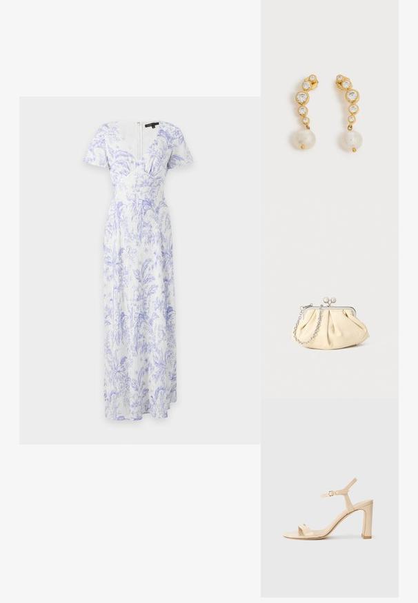 Robe maxi blanche à manches courtes avec motif floral violet, décolleté en V et taille cintrée avec fermeture éclair au dos.; Sandale à talons hauts beige avec bride de cheville et boucle dorée, bout ouvert et talon bloc sur fond blanc.; Pochette en cuir beige plissé avec un cadre en métal argenté, dotée de deux fermoirs ronds décoratifs et d'une chaîne en argent.; Boucles d'oreilles en or avec quatre pierres précieuses rondes transparentes de tailles décroissantes et une perle blanche pendante sur chaque boucle sur fond blanc.