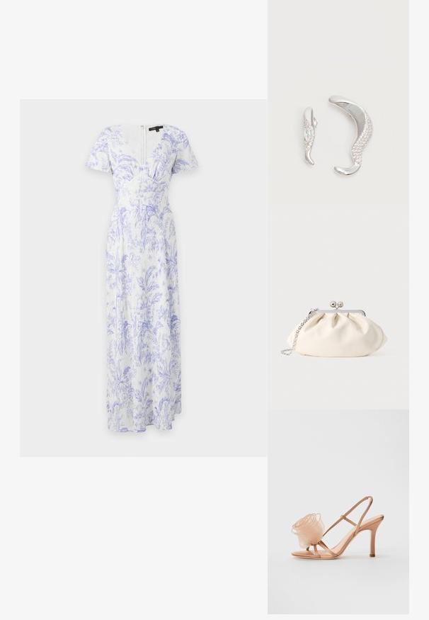 Robe maxi blanche à manches courtes avec motif floral violet, décolleté en V et taille cintrée avec fermeture éclair au dos.; Loeffler Randall STEPH ORGANZA FLOWER - Sandales à talons hauts - blush; Pochette en tissu crème avec un design froncé, cadre en métal argenté, deux boules décoratives, et une bandoulière chaîne argentée.; Deux boucles d'oreilles argentées courbées, l'une plus grande que l'autre, toutes deux ornées de petits cristaux scintillants le long d'un bord.