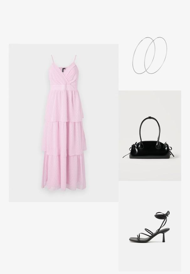Lyserød, lagdelt maxikjole med spaghetti-stropper, der har en indpakket bodice og prikmønster i et let, tekstureret stof.; Sort strappy sandal med firkantet tå, justerbare ankelbind og en slank, blokhæl. Fremstillet af et glat, holdbart materiale.; Lille sort blank håndtaske med to lange håndtag og snøre-detaljer i siden på en ensfarvet lys baggrund.; Sølvøreringe med et minimalistisk design. Cirkulær form, glat tekstur og tynd profil. Letvægtige med en poleret overflade.