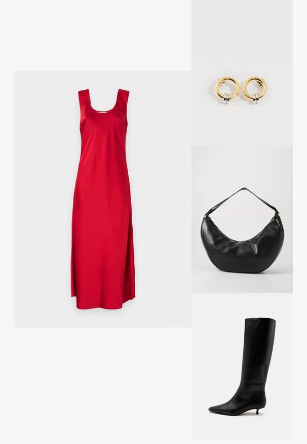Vestido maxi sin mangas de color rojo con escote cuadrado y aberturas laterales. Hecho de una tela suave, que muestra un diseño simple y aerodinámico.; Bota alta de cuero negro hasta la rodilla con puntera puntiaguda y tacón bajo tipo kitten sobre un fondo claro y liso.; Bolso de hombro de cuero negro con una forma curva, textura suave y una sola correa; cuenta con un zipper dorado y un branding sutil.; Pendientes circulares de oro con dos pequeños anillos de plata en cada uno, que muestran detalles sutiles del nombre de la marca grabado, colocados sobre un fondo blanco.