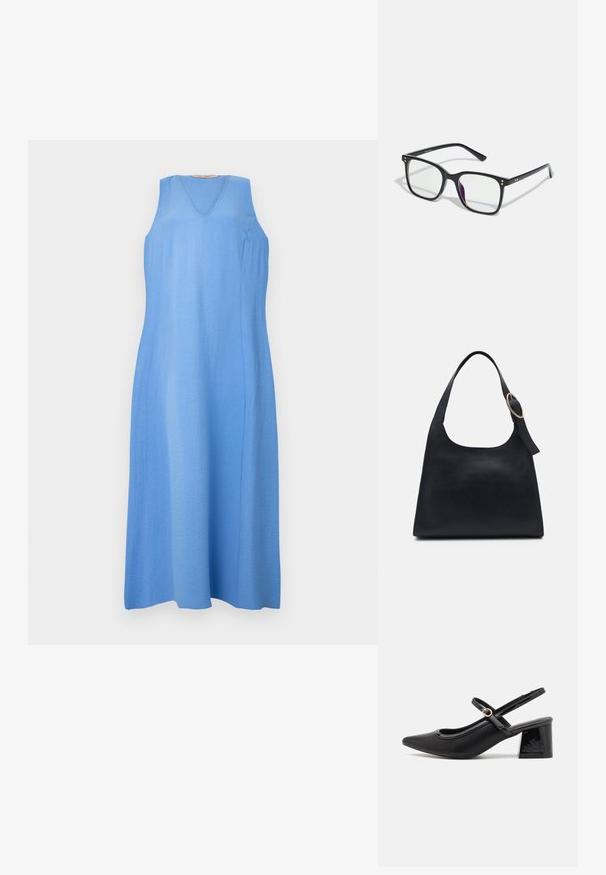 Vestido sin mangas de color azul claro, con escote en V, corte recto, tejido texturizado y una forma fluida que termina por debajo de la rodilla. Sin patrones visibles ni herrajes.; Tacones slingback de charol negro con punta afilada, un diseño de corte redondeado y tacón bloque. Incluye un detalle de hebilla en tono dorado.; Gafas rectangulares negras con lentes transparentes, que presentan acentos dorados en la montura y un ligero tinte púrpura en uno de los lentes.; Bolso tote de cuero negro con textura suave, cuerpo redondeado y una sola correa de hombro con un acento de hardware dorado circular.