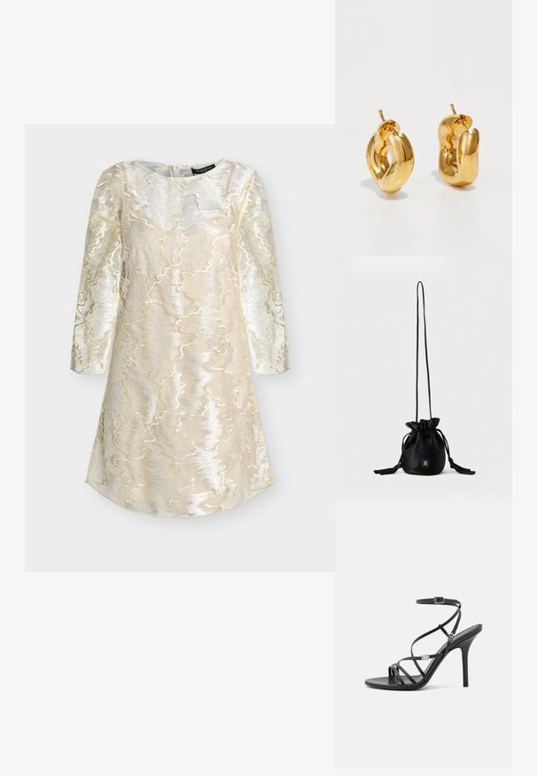 Robe longue crème et argentée à manches longues avec un motif métallique ondulé texturé et un col rond, conçue pour des occasions formelles.; Sandale noire à talons hauts avec des brides fines, une boucle à la cheville, une surface en cuir lisse et un talon aiguille élancé.; Sac seau noir à cordon avec une longue sangle fine et un petit logo carré doré sur le devant, présenté sur un fond uni.; Boucles d'oreilles créoles en or massif avec un design tubulaire légèrement tordu et des fermoirs à tige sur un fond blanc.