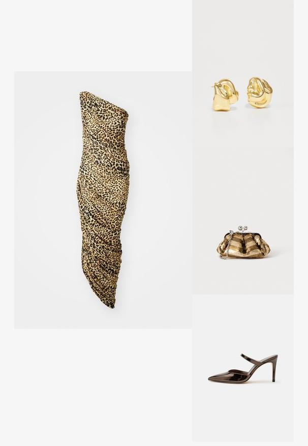 Tog med én skulder lavet af blødt stof med et leopardmønster i beige, sort og brun, med rynkede detaljer langs den ene side.; Skinnende mørkebrune mule med spids tå og høje hæle med en tynd rem over foden på en ensfarvet hvid baggrund.; Lille guldsyning clutch taske med sølvspænde og kort sølvkæde håndtag på ensartet lys baggrund.; Guldtonede metalstud øreringe med et skulpturelt, snoet design. Glat, blank overflade med en afrundet form og ingen synlige udsmykninger.