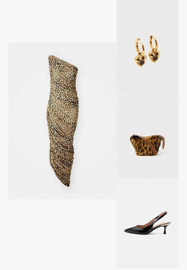Ühe õlgaga kleit, mis on valmistatud pehmest kangast, leopardimustriga, beeži, musta ja pruuni kombinatsioonis, ning ühel küljel on gathers-äridega detail.; Mustast lakknahast slingback-kingad terava ninaga ja madala kassi kontsaga valgel taustal.; Leopardimustriga faux karusnahk, millel on pruun nahk rihm, ümar kuju ja kuldsed detailid.; Kullast rõngaskõrvarõngad südamekujuliste ripatsitega. Iga süda on kaunistatud tekstuurse pinnaga ja keskel on must vääriskivi kinnitatud kalasaba seades.