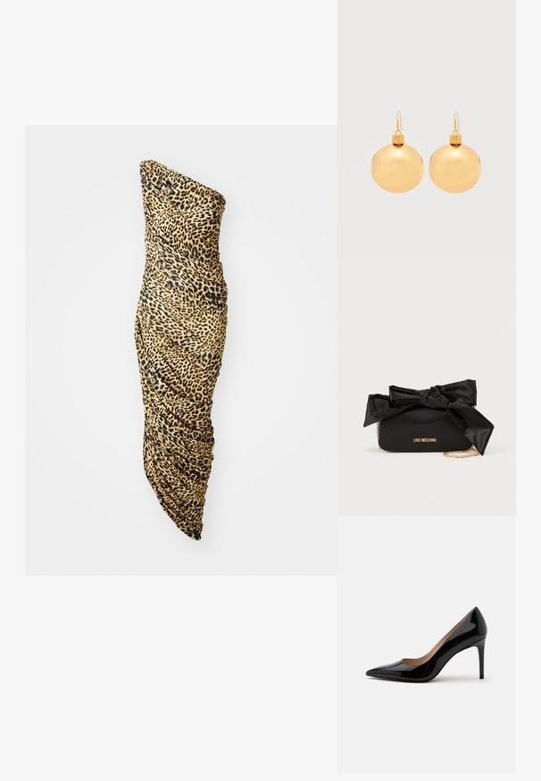 Eén-schouder jurk gemaakt van zachte stof met een luipaardprint in tan, zwart en bruin, met gerimpelde details aan één zijde.; Zwarte lakleren pump met hoge hak, spits toelopende neus en naaldhak, zij-aanzicht op een effen witte achtergrond.; Zwarte satijnen handtas met een grote strikdetail bovenop, gouden kettingriem en een geperst "LOVE MOSCHINO" logo aan de voorkant.; Een paar glanzende gouden kerstbal-oorbellen met haaksluitingen op een effen witte achtergrond.