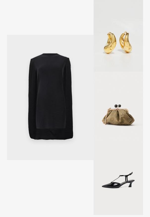 Black long-sleeve mini dress with a round neckline and a cape-like overlay extending from the shoulders to the hem.; Black patent leather pointed-toe slingback shoe with T-strap and low angled block heel on white background.; Small clutch purse with gold and black geometric pattern, gold-tone metal frame, black ball clasp, and a short gold chain strap.; Gold hoop earrings with a smooth, curved shape and polished finish. Features a clasping mechanism and slight indentations for detail.