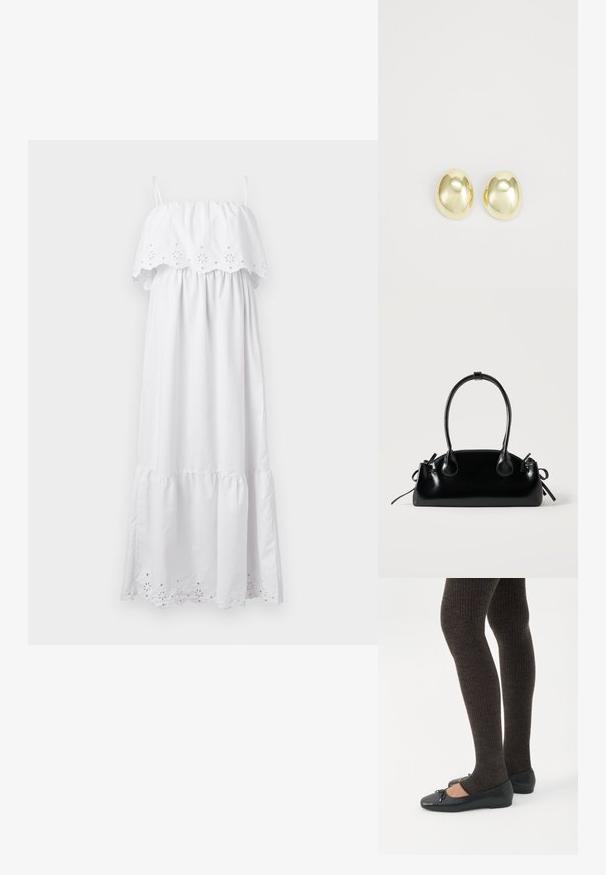 Weißes Maxikleid mit elastischem Off-Shoulder-Oberteil, bestickten floralen Details und schichtschichtigem, Rüschensaum. Aus leichtem Stoff gefertigt.; Beine in dunklen, gerippten Leggings kombiniert mit schwarzen Ballerinas mit kleinen Schleifendetails auf weißem Hintergrund.; Kleine schwarze glänzende Handtasche mit zwei langen Griffen und seitlichen Kordelzug-Details vor einfachem hellem Hintergrund.; Goldfarbene Metallstanzohrringe mit einer glatten, abgerundeten Form und polierter Oberfläche. Einfaches Design ohne zusätzliche Verzierungen.