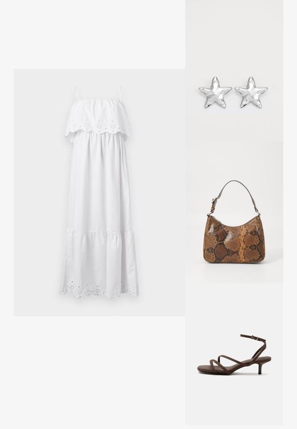 Weißes Maxikleid mit elastischem Off-Shoulder-Oberteil, bestickten floralen Details und schichtschichtigem, Rüschensaum. Aus leichtem Stoff gefertigt.; Braune Sandale mit hohem Absatz, dünnen gekreuzten Riemen und einem Knöchelriemen mit silberner Schnalle vor weißem Hintergrund.; Kleine Handtasche mit braunem und schwarzem Schlangenledermuster, kurzem verstellbarem Tragegurt und Reißverschluss.; Silberne sternförmige Ohrringe mit einer polierten, glänzenden Oberfläche. Jeder Ohrring hat fünf Spitzen und dezente Oberflächentexturdetails.