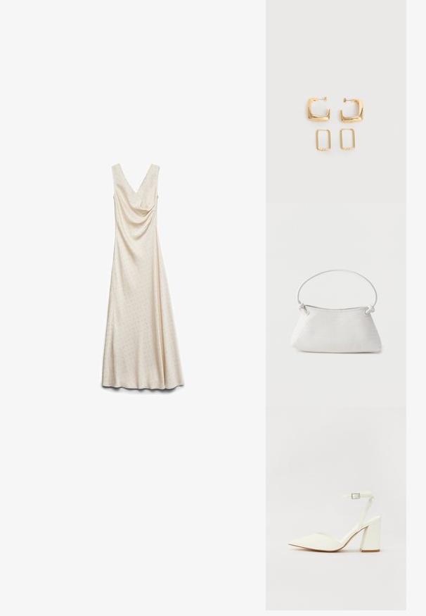 Ärmelloses cremefarbenes bodenlanges Kleid mit feinem, durchgehend kleinem Punktmuster und drapiertem V-Ausschnitt.; Weißer sandal mit Absatz und spitzem Zehenbereich, verstellbarem Knöchelriemen und chunky quadratischem Absatz. Glatte Textur mit minimalen Nähdetails.; Weiße gewebte Lederhandtasche mit abgerundetem Griff und verknoteten Riemenenden, vor schlichtem Hintergrund präsentiert.; Zwei Paare goldfarbener geometrischer Creolen auf einer schlichten weißen Oberfläche, ein Paar quadratisch und massiv, ein Paar rechteckig und hohl.