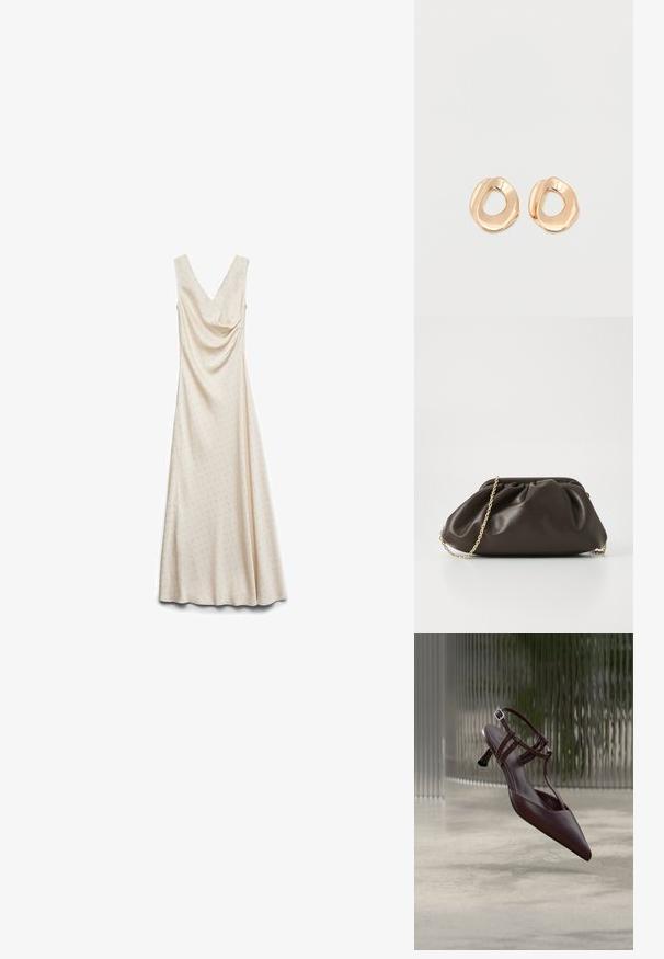 Robe longue sans manches couleur crème, avec un subtil motif de petits points sur l'ensemble et un décolleté en V drapé.; Escarpin slingback en cuir brun foncé à bout pointu, avec des fines lanières et un petit talon kitten incurvé, présenté sur un fond abstrait.; Sac à main en cuir marron avec un design froncé, une bandoulière en chaîne dorée et une finition douce et texturée. Sa forme compacte est idéale pour une utilisation en soirée.; Paired boucles d'oreilles en métal doré poli de forme irrégulière avec un centre ouvert sur un fond blanc uni.