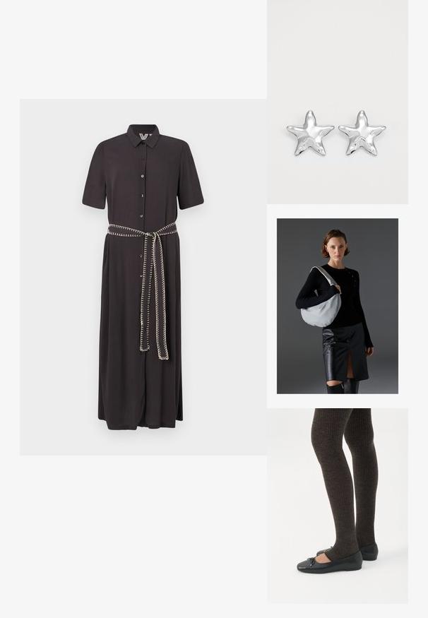 Robe noire à manches courtes, boutonnière à l'avant et ceinture assortie avec un détail de couture décoratif contrastant.; Jambes portant des leggings côtelés foncés associés à des ballerines noires avec de petits détails en nœud sur fond blanc.; Sac hobo de couleur gris clair, en matériau doux, de forme arrondie. Stylé avec un haut noir à manches longues et une jupe en cuir noir avec une fente à l'avant.; Boucles d'oreilles argentées en forme d'étoile, avec une surface lisse et brillante. Chaque boucle d'oreille possède cinq pointes et des détails subtils de texture de surface.