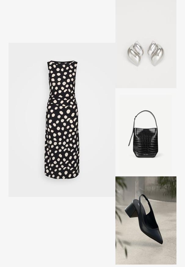 Mustaton, hihaton midi-mekko pyöreällä pääntiellä, istuvalla vyötäröllä ja epäsäännöllisellä suurilla valkoisilla pilkuilla kauttaaltaan.; Mustat nahkaiset slingback-korkokengät, joissa on terävä kärki ja palikkakorko. Sujuva pinta, minimalistinen muotoilu ja säädettävä nilkkahihna.; Musta krokotiilikuvioitu nahkainen ämpärilaukku, jossa on yksittäinen olkahihna ja pieni hopeinen merkkilogo etuosan alaosassa keskellä.; Hopeakoru, jolla on orgaaninen, abstrakti muoto. Sileä, kiiltävä pinta ja kapeneva muotoilu. Korussa on hienovaraisia kaaria ja keskeinen viivayksityiskohta.