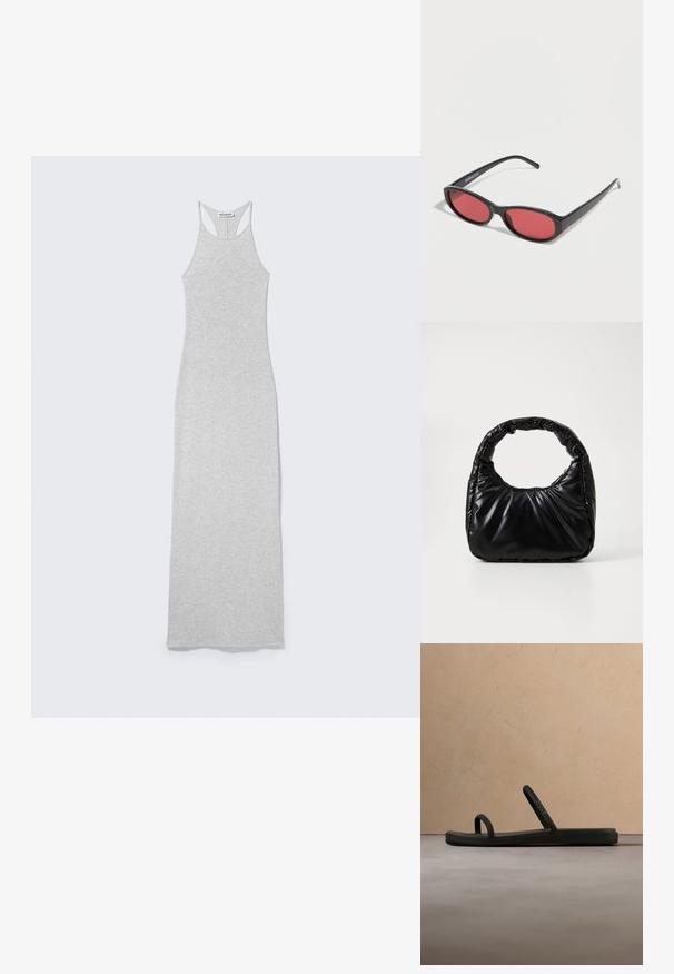 Robe longue gris clair, sans manches, coupe moulante avec style dos nageur et étiquette "WEEKDAY" à l'intérieur du col.; Sandale Crocs noire à doubles brides minimalistes flottant au-dessus d'un tapis beige dans une pièce aux tons neutres avec un fond de meubles doux.; Lunettes de soleil ovales noires avec des branches fines et des verres teintés rouges posées sur une surface blanche.; Sac à main noir rembourré avec une poignée arrondie, présentant une surface lisse et brillante ainsi qu'une texture douce et matelassée. Pas de quincaillerie ou d'accents visibles.