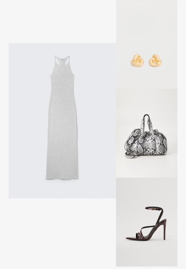 Robe longue gris clair, sans manches, coupe moulante avec style dos nageur et étiquette "WEEKDAY" à l'intérieur du col.; Sandale à talons hauts en cuir verni bourgogne avec une bride de cheville, bout pointu et trois bandes horizontales sur le pied. Détail de boucle dorée.; Sac à main en motif peau de serpent noir et blanc avec deux poignées, une fermeture à cordon et une bandoulière amovible. Texture lisse.; Paire de clous d'oreilles en forme de nœud, couleur or brillant, sur un fond blanc uni.