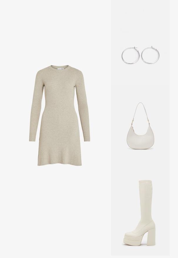 Beiges, geripptes Strickkleid mit langen Ärmeln, rundem Ausschnitt und lockerer Passform. Mit seitlichen Schlitzen für Bewegungsfreiheit und Struktur.; Steve Madden CYPRESS - Plateaustiefel - off white; Cremfarbene Leder-Schultertasche mit einer Halbmondform, dünnem Schulterriemen und subtilen Stichdetails. Minimalistisches Design mit goldfarbenen Hardware-Akzenten.; sweet deluxe EARRING - Ohrringe - silver-coloured
