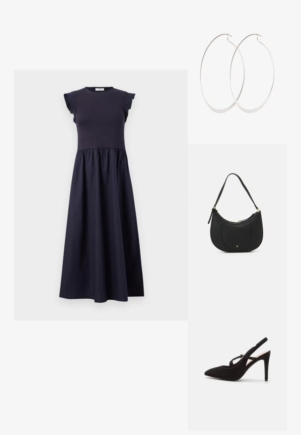 Tumesin kleit, millel on kitsas kehaosa, volangidega varrukad ja laienev seelik, millel on kogutud vöökoht. Valmistatud siledast, kergest kangast.; Anna Field by Zalando LEATHER - Klassikalised kontsakingad - black; Must läikivast mustast nahast käsipastest, millel on kumer kuju, tekstuuriga pind, eesmine õmblus ja kuldse tooni logo. Varustatud ühe reguleeritava rihmaga.; Hõbedased rõngassõrmused õhukese, sujuva disainiga; piklik ovaalne kuju; poleeritud viimistlus; omavad kindlat konksu sulgemist.