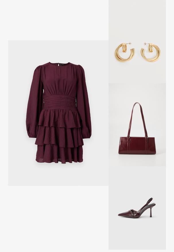 Burgundia erkkedress pikitaskutega, kroogitud vöökoht ja tekstuuriga kangas. Omab volangakujulisi aksessuaare alläärtes.; Burgundia lakknahast slingback-kontsaga kingad terava nina, õhukese pahkluu rihma ja väikese dekoratiivse pandlaga. Sile tekstuur ja kõrge konts.; Burgundia värvi käekott, mis on valmistatud läikivast materjalist, ristküliku kujuline, kahe õlapaelaga ning ees on peened kaarjad aktsendid.; Sädelevad kuldsed topeltringidega kõrvarõngad postitaga valgel taustal.