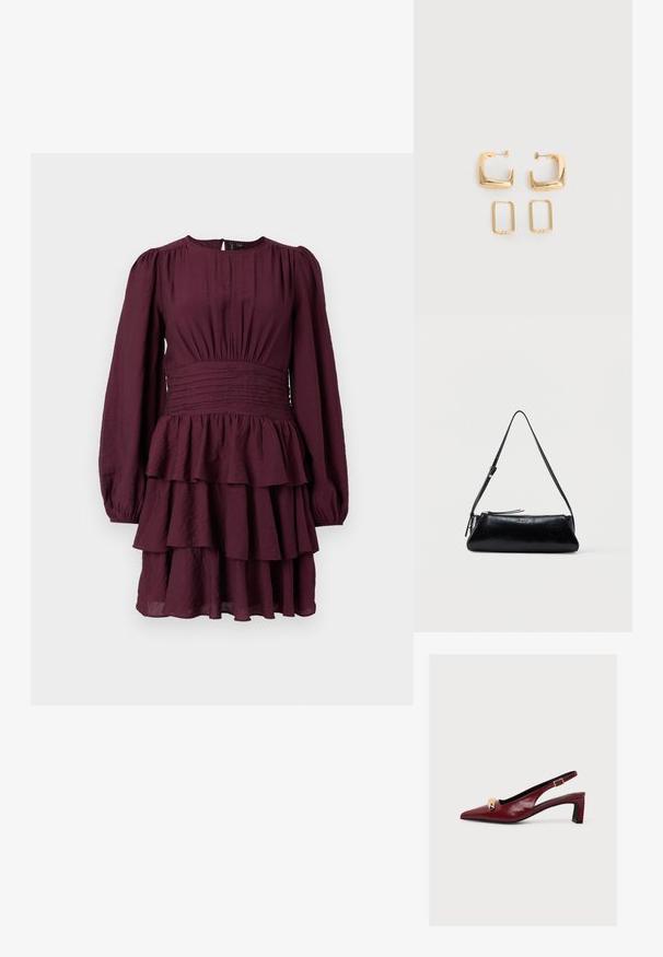 Burgundia erkkedress pikitaskutega, kroogitud vöökoht ja tekstuuriga kangas. Omab volangakujulisi aksessuaare alläärtes.; Burgundi toonis lakknahast slingback-king terava ninaga, madala plokk-kontsaga, kuldsete neetidega detailide ja reguleeritava pandlaga rihmaga.; Mustast nahast õlakott õhukese reguleeritava rihmaga, tõmblukuga sulgemine ja väike metallist "GUESS" logo esiküljel keskelt.; Kaks paari kuldse tooniga geomeetrilisi rõngaskõrvarõngaid lihtsal valgel pinnal, üks paar ruudukujuline ja massiivne, teine paar ristkülikukujuline ja õõnes.
