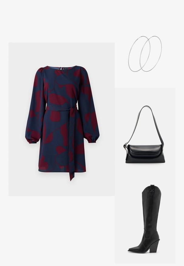 Vestido navy con patrón abstracto en color burdeos, mangas largas abullonadas, cintura ceñida con un lazo y escote redondo. Tejido suave y ligero.; RAID SURREY - Botas camperas - black; Bolso de piel negra con una forma estructurada, una textura suave y una sola correa para el hombro. Presenta un diseño de tapa sutil y redondeado.; Pendientes de aro plateados con un diseño minimalista. Forma circular, textura suave y perfil delgado. Livianos con un acabado pulido.