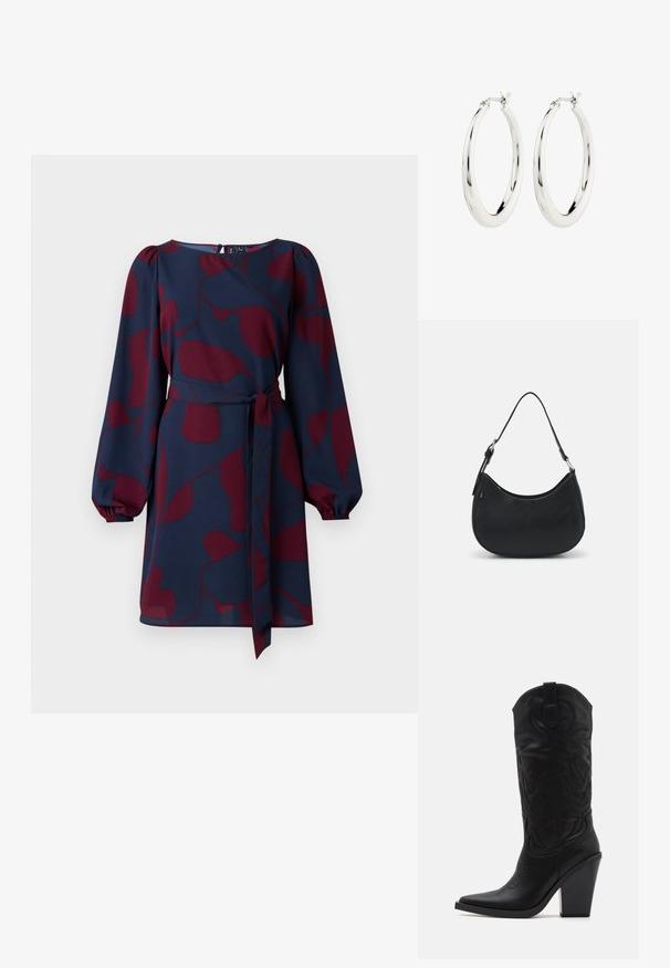 Tumesinine kleit maroon abstraktse mustriga, pikad puhv-sleeved, kitsenev vöökoht sidumisrihmaga ja ümmargune kaelus. Sile, kerge kangas.; Simmi London DANIQUE - Kõrge kontsaga saapad - black; Must have musta kotka, valmistatud siledast nahast, kaarekujulise siluetiga, millel on üks reguleeritav sang ja minimaliseeritud disainielemendid.; Hõbedased rõngaskõrvarõngad siledast ja läikivast viimistlusest. Ringikujuline, sisaldab kindlat kinnitust. Lihtne ja elegantne disain.