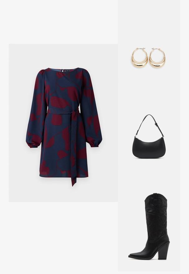 Tumesinine kleit maroon abstraktse mustriga, pikad puhv-sleeved, kitsenev vöökoht sidumisrihmaga ja ümmargune kaelus. Sile, kerge kangas.; Simmi London DANIQUE - Kõrge kontsaga saapad - black; Pieces PCALUANA SHOULDER BAG - Käekott - black; Kuldsetes toonides nõelakujulised kõrvarõngad, läikiva pinna ja hingedega sulguriga. Sile tekstuur ja peegeldav viimistlus suurendavad nähtavust.