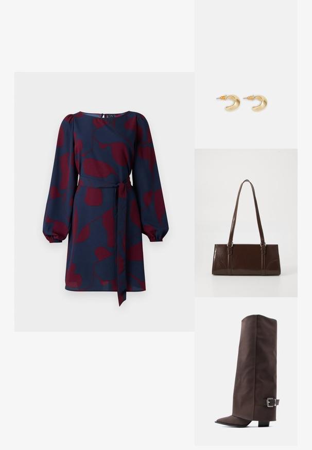 Vestido navy con patrón abstracto en color burdeos, mangas largas abullonadas, cintura ceñida con un lazo y escote redondo. Tejido suave y ligero.; Botas marrones hasta la rodilla hechas de material liso, con punta afilada, tacón bajo y un adorno de hebilla metálica en el lateral.; Bolso de mano de piel sintética marrón con forma rectangular, dos asas largas y sutiles acentos curvados en la parte delantera.; Pendientes en forma de media luna de oro con un acabado suave, que presentan acentos naranjas cerca del pasador y herrajes de plata.