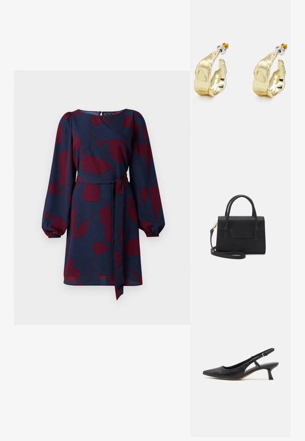 Marin kjole med maroon abstrakt mønster, lange puffærmer, en tætsiddende talje med bånd, og en rund halsudskæring. Glat, let stof.; Sort læder slingback-sko med spidse tæer, lav blokhæle, udskårne sidedele og justerbar ankelrem. Glat tekstur hele vejen igennem.; Sort struktureret håndtaske lavet af læder med et topgreb, aftagelig skulderrem og detalje med frontklap. Guldhardware accenter.; Guldtonede øreringe formet som abstrakte hænder, med en skinnende overflade, intrikate detaljer og en sølv- og guldfarvet post til sikker fastgørelse.