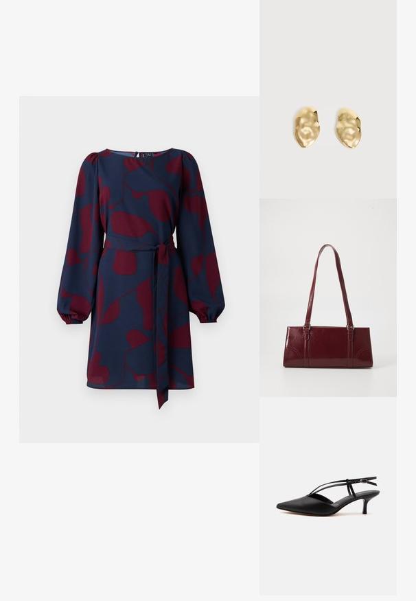 Marineblauwe jurk met een maroon abstract patroon, lange pofmouwen, een versmalde taille met een strik, en een ronde halslijn. Glad, lichtgewicht materiaal.; Zwarte leren pumps met spits toelopende neus, kittenheel met dunne enkelriem en gesp, slingback ontwerp, op een effen lichte achtergrond.; Bourgondische handtas van glanzend materiaal, rechthoekige vorm, met twee schouderbanden en subtiele gebogen accenten aan de voorkant.; Een paar glanzende, onregelmatig gevormde gouden metalen oorbellen met een gekreukeld, glad oppervlak op een effen lichte achtergrond.