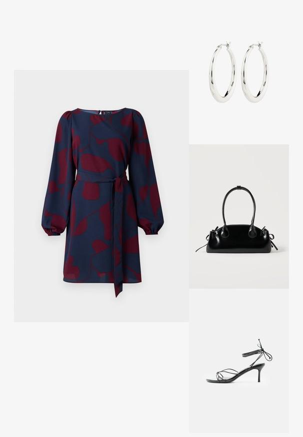 Marineblaues Kleid mit maroonfarbenem abstraktem Muster, langen Puffärmeln, tailliert mit einem Bindeband und rundem Ausschnitt. Glattes, leichtes Material.; Schwarze, schmale High-Heel-Sandale mit dünnen Knöchelriemchen und mittelhohem Stilettoabsatz vor weißem Hintergrund.; Kleine schwarze glänzende Handtasche mit zwei langen Griffen und seitlichen Kordelzug-Details vor einfachem hellem Hintergrund.; Silberne Creolen mit einer glatten, glänzenden Oberfläche. Kreisform, ausgestattet mit einem sicheren Verschluss. Einfaches und elegantes Design.