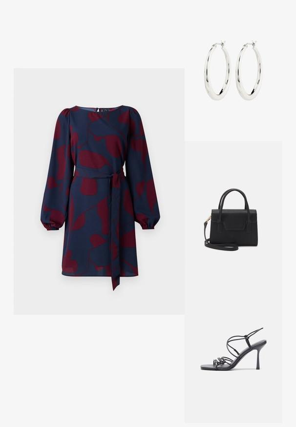 Vestido navy con patrón abstracto en color burdeos, mangas largas abullonadas, cintura ceñida con un lazo y escote redondo. Tejido suave y ligero.; Las sandalias negras de tacón alto presentan finas correas con un diseño anudado, una punta cuadrada suave y un elegante tacón de aguja.; Bolso estructurado negro de cuero con un asa superior, correa de hombro desmontable y un detalle de tapa en la parte frontal. Acentos en dorado.; Pendientes de aro de plata con un acabado suave y brillante. Forma circular, con un cierre seguro. Diseño sencillo y elegante.