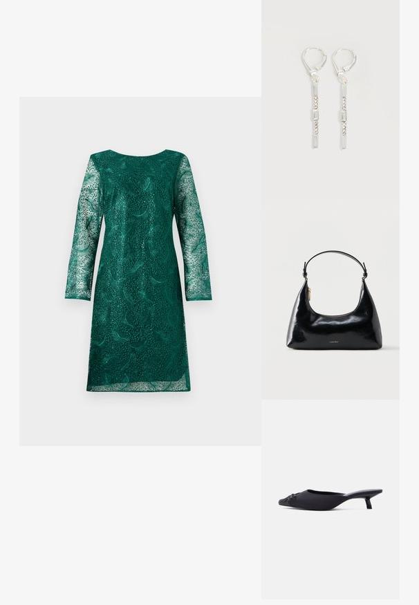 Grünes Spitzenkleid mit langen Ärmeln und rundem Ausschnitt. Verfügt über aufwendige Blumenmuster und einen leicht lockeren Schnitt.; Schwarzer Mule-Schuh für Frauen mit spitz zulaufender Schuhspitze, Obermaterial aus Stoff, kleinem Kitten-Heel und einer dekorativen Schleife vorne, seitlich dargestellt.; Schwarze, glänzende Calvin Klein Handtasche mit goldfarbenem Reißverschluss und kurzem Trageriemen vor schlichtem weißem Hintergrund.; Silberne hängende Ohrringe mit rechteckigen und runden klaren Kristallen in einer vertikalen Linie, gesichert durch Leverback-Verschlüsse.