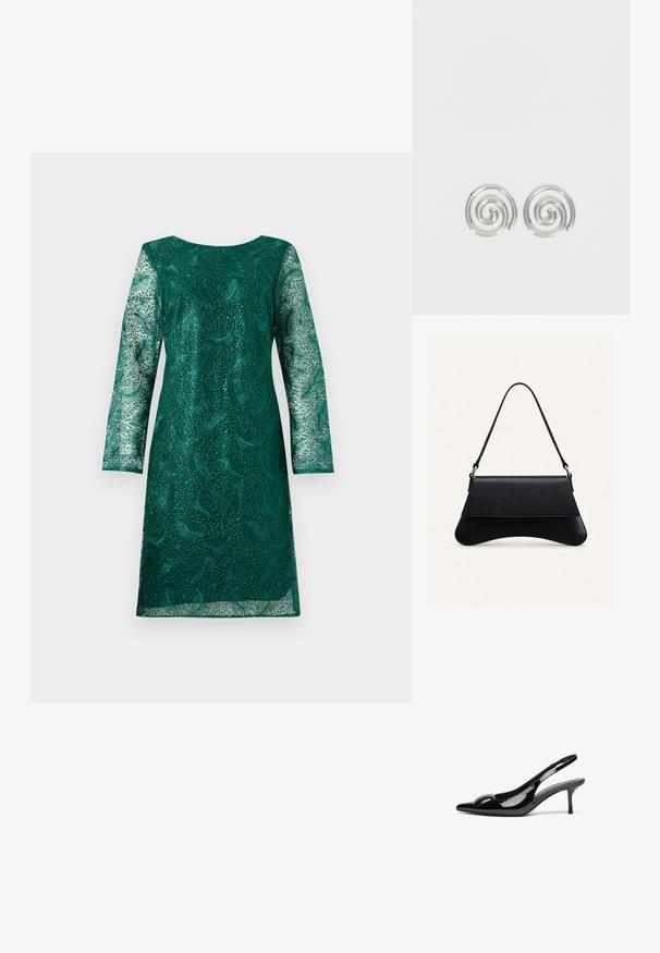 Grünes Spitzenkleid mit langen Ärmeln und rundem Ausschnitt. Verfügt über aufwendige Blumenmuster und einen leicht lockeren Schnitt.; Schwarze patentierte Slingback-Absätze mit spitzem Zehenbereich und glänzender Oberfläche. Besitzt einen schlanken Absatz und eine abgerundete Akzentuierung am Schuhoberteil.; Schwarze Lederhandtasche mit abgerundetem Boden, Klappverschluss und dünnem, einzelnen Schulterriemen vor schlichtem, hellem Hintergrund.; Paar silberne Spiral-Creolen mit glattem, rundem Design auf einfachem weißem Hintergrund.