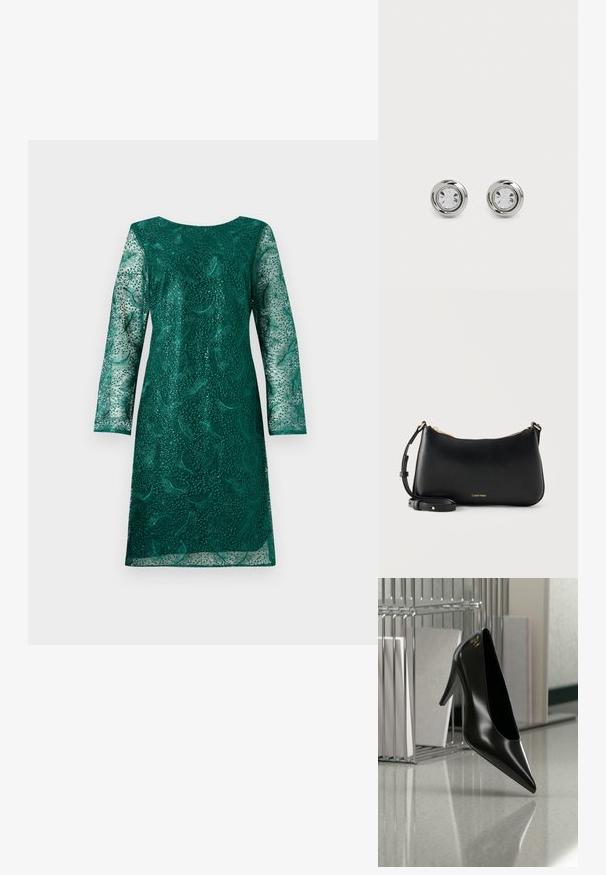 Vestido verde de encaje con mangas largas y un escote redondeado. Presenta intrincados patrones florales y un corte ligeramente holgado.; Zapato de tacón alto negro con punta afilada y logo dorado, colocado sobre una superficie reflectante cerca de un organizador de archivos de alambre cromado con documentos.; Bolso de hombro de cuero negro Calvin Klein con cremallera dorada y correa ajustable sobre fondo claro y liso.; Pendientes de stud de metal plateado con cristales claros redondos, que presentan un acabado pulido suave y un diseño circular con bordes elevados sutiles.