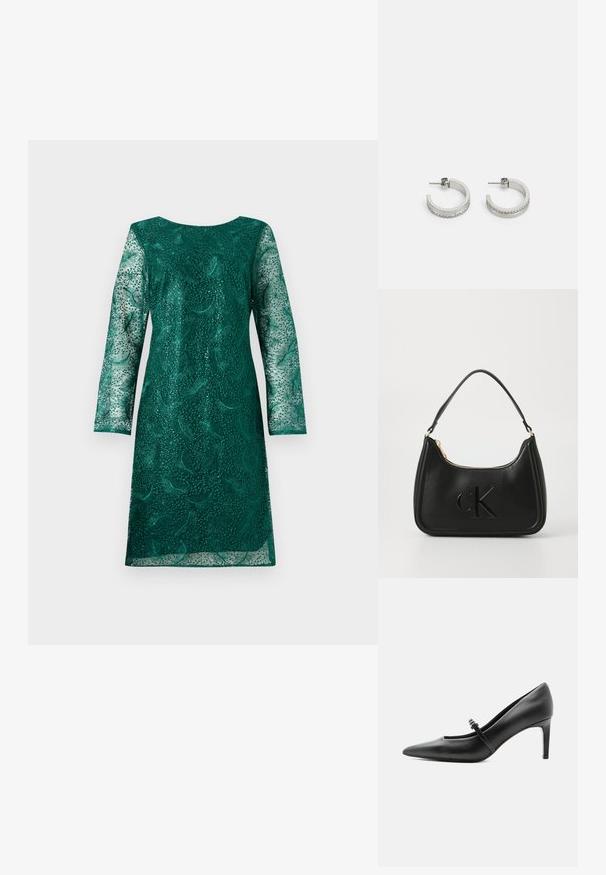 Grünes Spitzenkleid mit langen Ärmeln und rundem Ausschnitt. Verfügt über aufwendige Blumenmuster und einen leicht lockeren Schnitt.; Schwarzer Leder-Pumps mit spitzer Zehenpartie, dünnem Riemen und Schnalle über dem Spann, stehend auf hellem neutralem Hintergrund.; Schwarze Lederhandtasche mit geschwungener Form, ausgestattet mit einem goldenen Reißverschluss und einem dezent geprägten "cK"-Logo. Glatte Textur und ein einzelner Griff.; Silberne Creolen mit einer glatten Oberfläche und einer Reihe kleiner klarer Steine entlang der unteren Kante, mit einer Steckverschluss.
