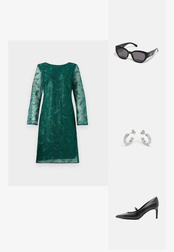 Grünes Spitzenkleid mit langen Ärmeln und rundem Ausschnitt. Verfügt über aufwendige Blumenmuster und einen leicht lockeren Schnitt.; Schwarzer Leder-Pumps mit spitzer Zehenpartie, dünnem Riemen und Schnalle über dem Spann, stehend auf hellem neutralem Hintergrund.; Schwarze Sonnenbrille mit einem schlanken, kantigen Design, dunklen Gläsern und einem kontrastierenden silbernen Logo an der Seite. Glatte Kunststoffoberfläche.; Silberne Metall-Hoops mit strukturiertem Design, ausgestattet mit einem kleinen Steckverschluss und Branding an einem Hoop. Abgerundete Form mit glänzender Oberfläche.