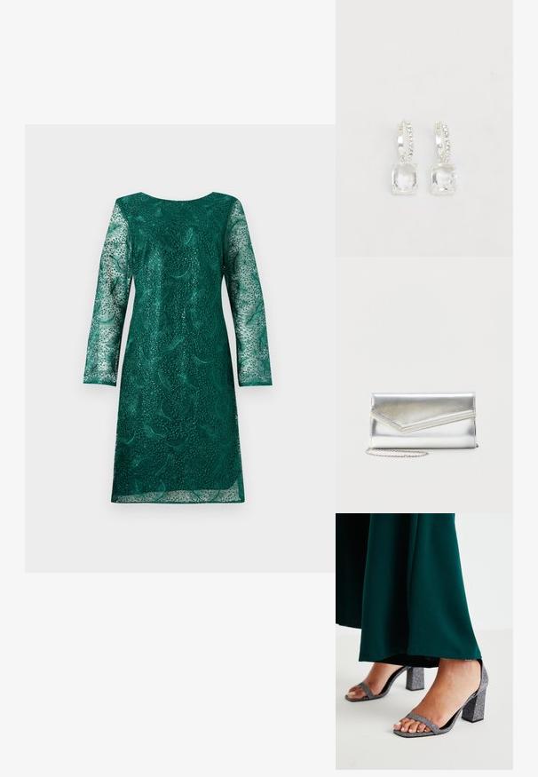 Robe en dentelle verte à manches longues et décolleté rond. Présente des motifs floraux complexes et une coupe légèrement ample.; Sandales à talons carrés en paillettes argentées avec deux fines brides et un orteil carré. Accompagnées d'un vêtement long jusqu'au sol de couleur vert foncé.; Pochette argentée brillante avec rabat style enveloppe et garniture décorative, petite bandoulière chaîne argentée, sur fond clair uni.; Boucles d'oreilles en cristal avec des pierres carrées transparentes, métal argenté, et petits accents ronds le long de l'anneau. Fini poli, détails élaborés.